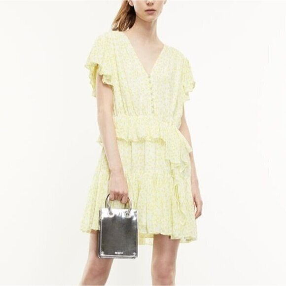 The Kooples Yellow Ditsy Floral Print V-Neck Short Sleeve Frilled Mini Dress US4 - Picture 1 of 16